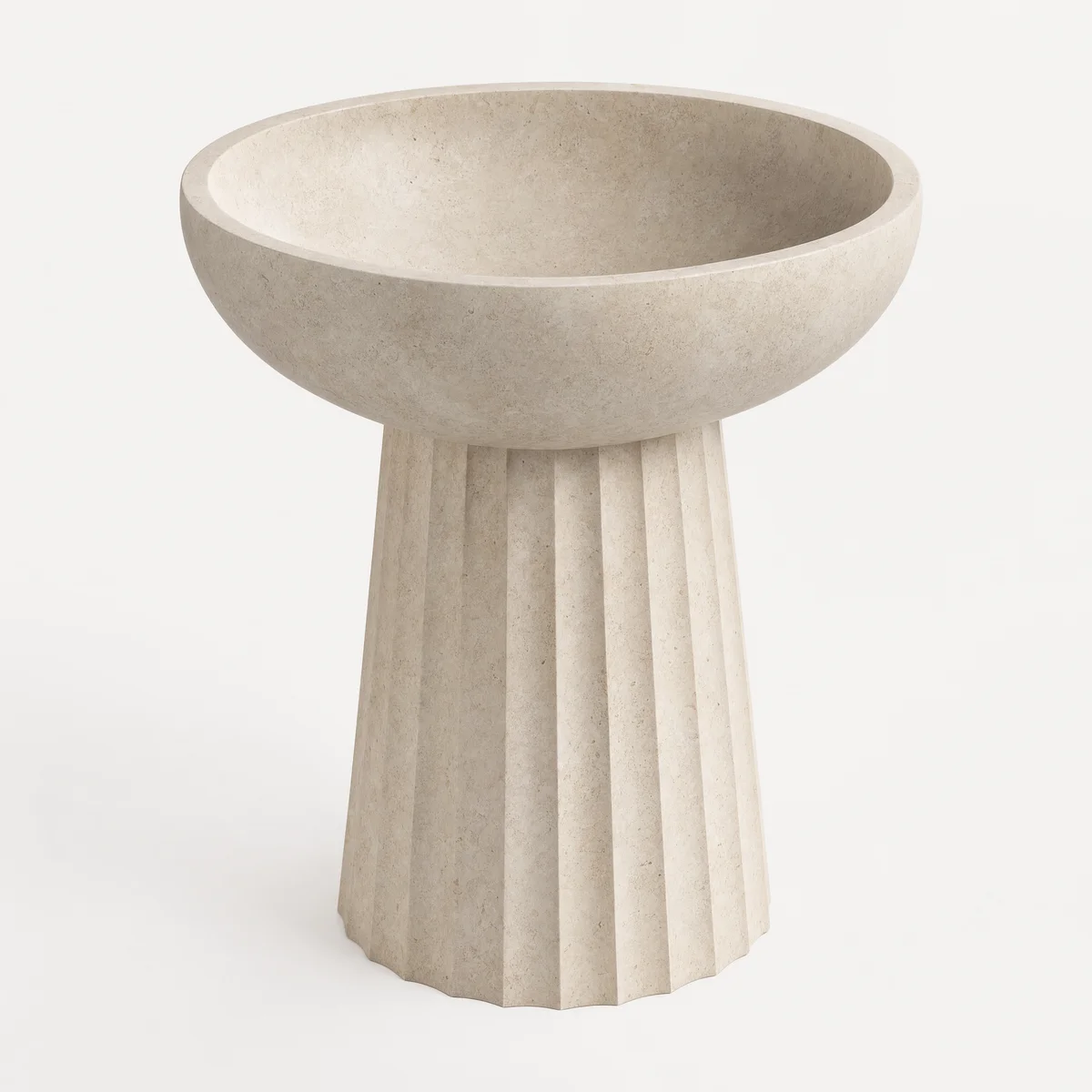 Conceptual pale limestone pedestal basin with a broad rounded bowl and sculptural vertical fluting