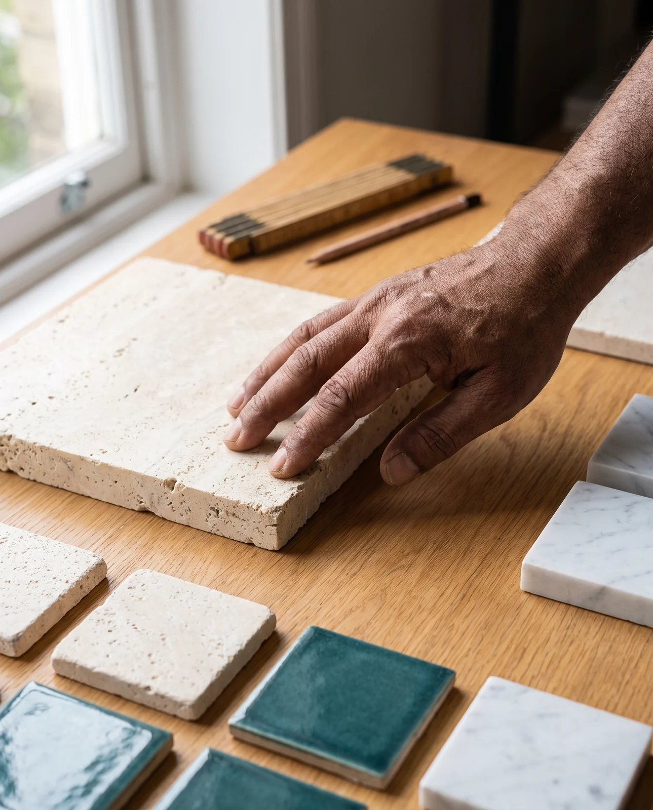 Illustrative detail of a hand feeling a natural stone sample