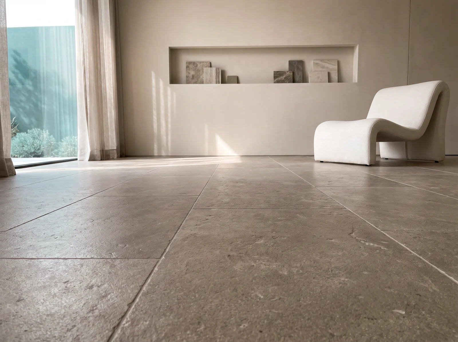 Sunlight across tactile limestone-inspired floor tiles